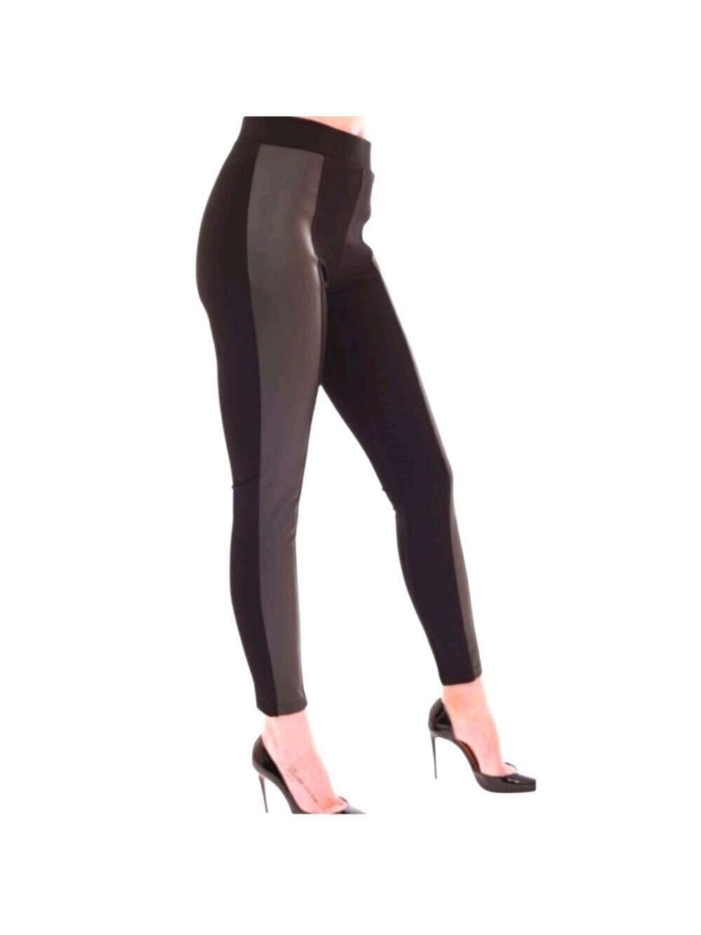 TRIBE Tummy Control Black Leggings With Faux Leather Panel Size Small NWT